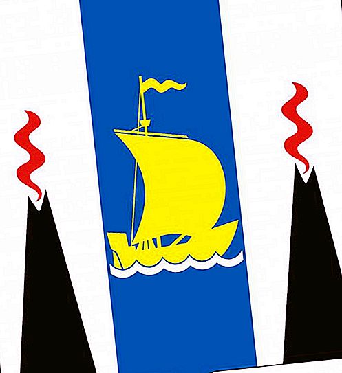 Flagge und Wappen der Region Sachalin. Wappen der Städte der Region Sachalin